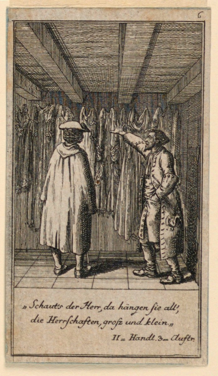 Handlarz kostiumami, ilustracja do sztuki „Nie więcej niż sachs Schuesseln” Fredricha Wilhelma Grossmana w „Königl: Grosbrit [anian] kalendarz genealogiczny na rok 1782 Lauenberg J.G. Berenberga” autorstwa Daniel Nikolaus Chodowiecki