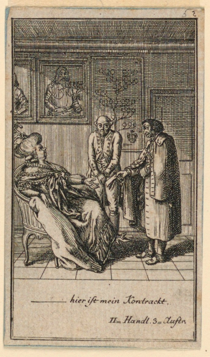 Starsza kobieta zatrudnia mężczyznę, ilustracja do sztuki „Nie więcej niż sachs Schuesseln” Fredricha Wilhelma Grossmana w „Königl: Grosbrit [anian] kalendarz genealogiczny na rok 1782 Lauenberg autorstwa J.G. Berenberga” autorstwa Daniel Nikolaus Chodowiecki