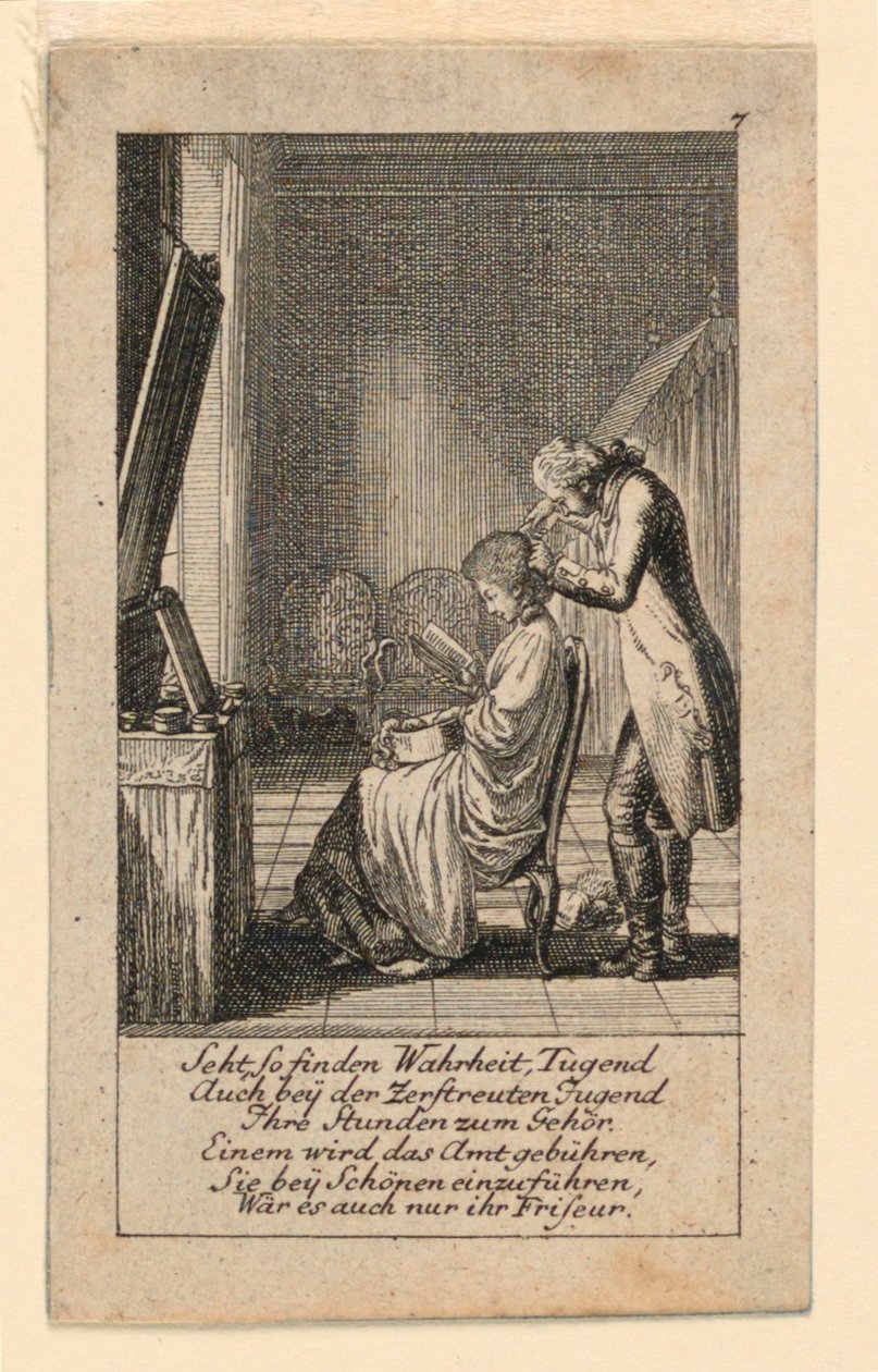 Fryzura, ilustracja do "Königl: Grosbrit [anian] kalendarz genealogiczny na rok 1780 Lauenberg autorstwa J.G. Berenberga" autorstwa Daniel Nikolaus Chodowiecki