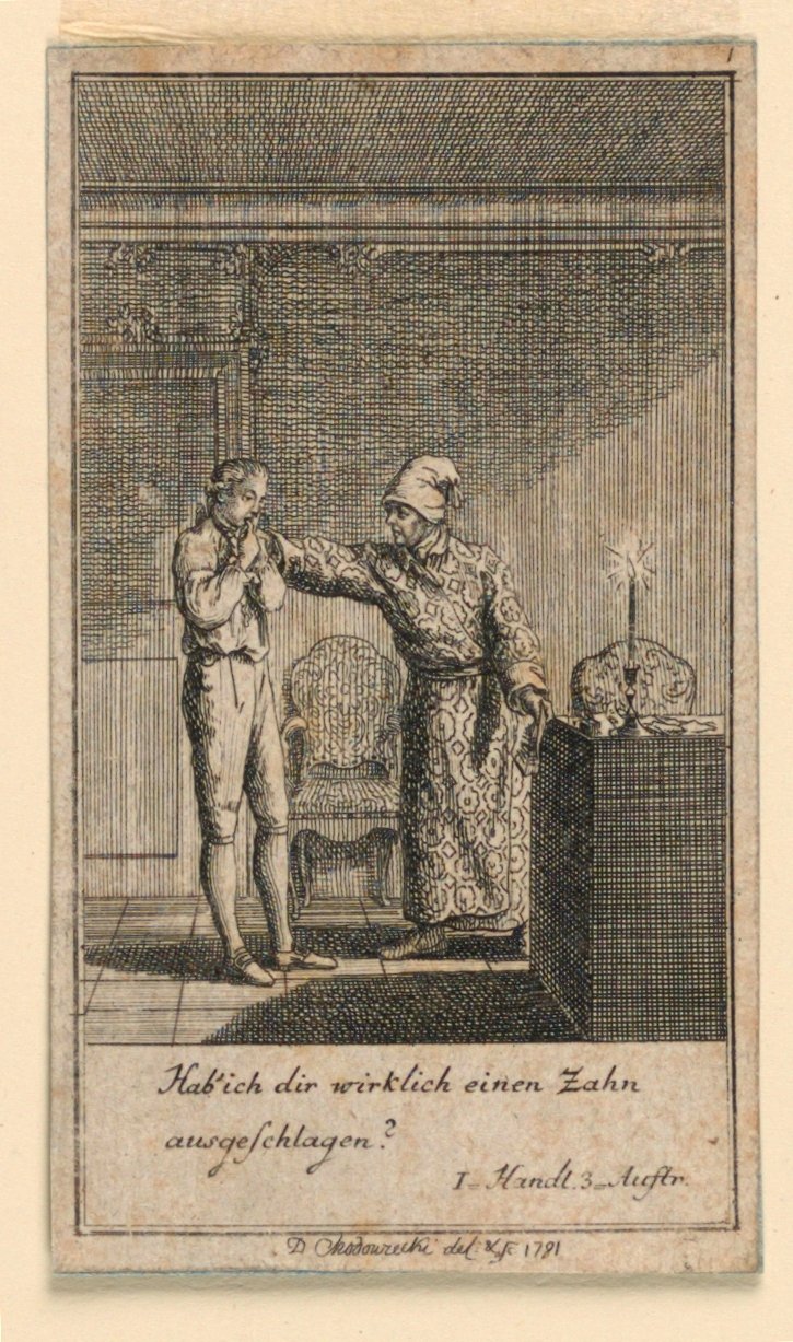 Uderzenie w twarz, ilustracja do sztuki „Nie więcej niż sachs Schuesseln” Fredricha Wilhelma Grossmana w „Königl: Grosbrit [anian] kalendarz genealogiczny na rok 1782 Lauenberg J.G. Berenberga” autorstwa Daniel Nikolaus Chodowiecki