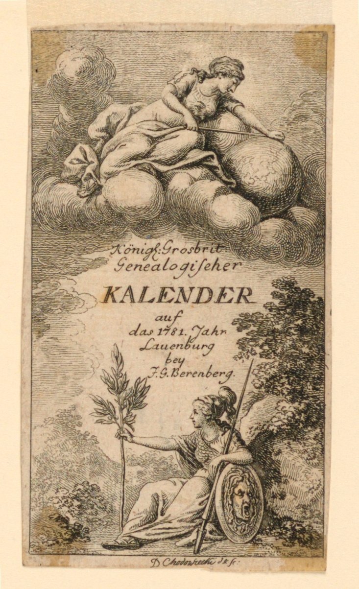 Strona tytułowa „Königl: Grosbrit [anian] kalendarz genealogiczny na rok 1781 Lauenberg autorstwa J.G. Berenberga” autorstwa Daniel Nikolaus Chodowiecki