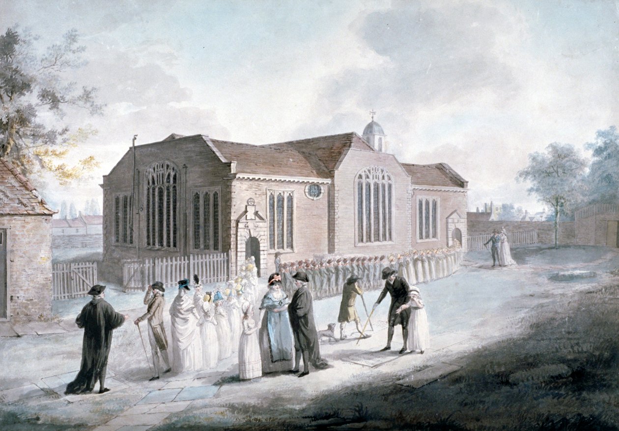 Procesja uczniów wchodzących do Broadway Chapel, Westminster, Londyn, 1797 autorstwa Daniel Orme