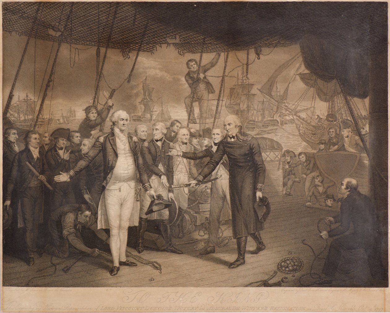 Zwycięstwo Lorda Wicehrabiego Duncana i rezygnacja admirała De Wintera na pokładzie Czcigodnego, październik 1797 (Grawerowanie kropkowane) autorstwa Daniel Orme