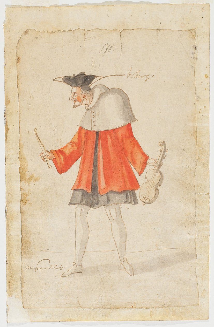 Muzyk z Ballet du Serieux et du Grotesque, 1627 (brązowy tusz i toaleta na papierze czerpanym) autorstwa Daniel Rabel