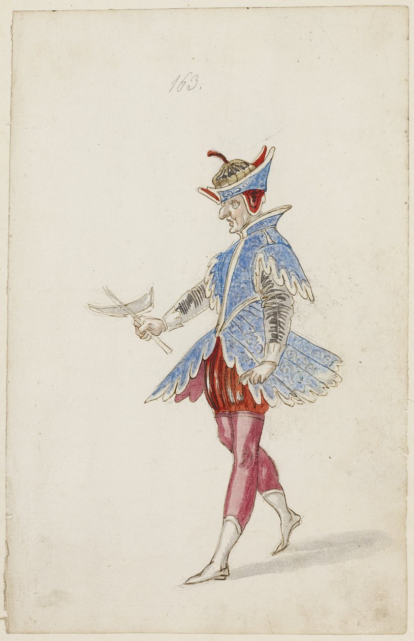Męska postać w niebiesko-czerwonym stroju z Ballet des quatre saisons de lAnnee, 1626 (brązowy tusz, toaleta i metaliczna farba na podkładzie czarnej kredy na papierze) autorstwa Daniel Rabel