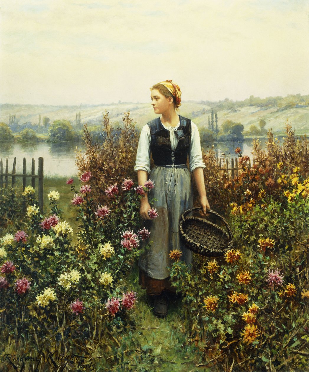 Dziewczyna z koszem w ogrodzie, autorstwa Daniel Ridgway Knight