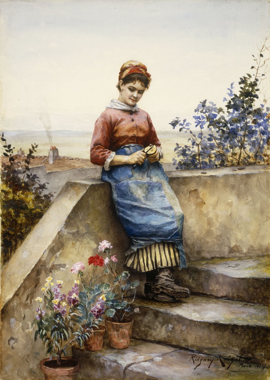 Obieranie jabłka, 1884 autorstwa Daniel Ridgway Knight
