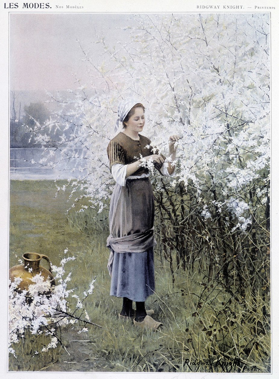 Wiosna: Kobieta zbierająca kwiaty - chora. przez R. Knighta, c. 1905 autorstwa Daniel Ridgway Knight