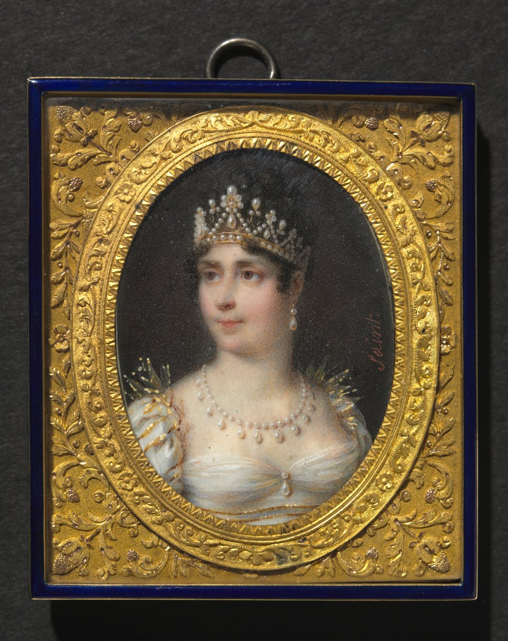 Portret Joséphine de Beauharnais, cesarzowej Francuzów, ok. 1806 (akwarela na kości słoniowej w pozłacanej metalowej i emaliowanej ramie) autorstwa Daniel Saint