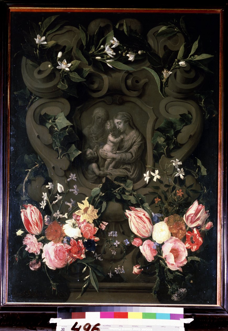 Madonna z Dzieciątkiem, Święta Elżbieta i Jan Chrzciciel jako dziecko w kwiecistej girlandzie. Obraz Daniela Seghersa (1590-1661). Olej na miedzi, 84 x 61 cm autorstwa Daniel Seghers