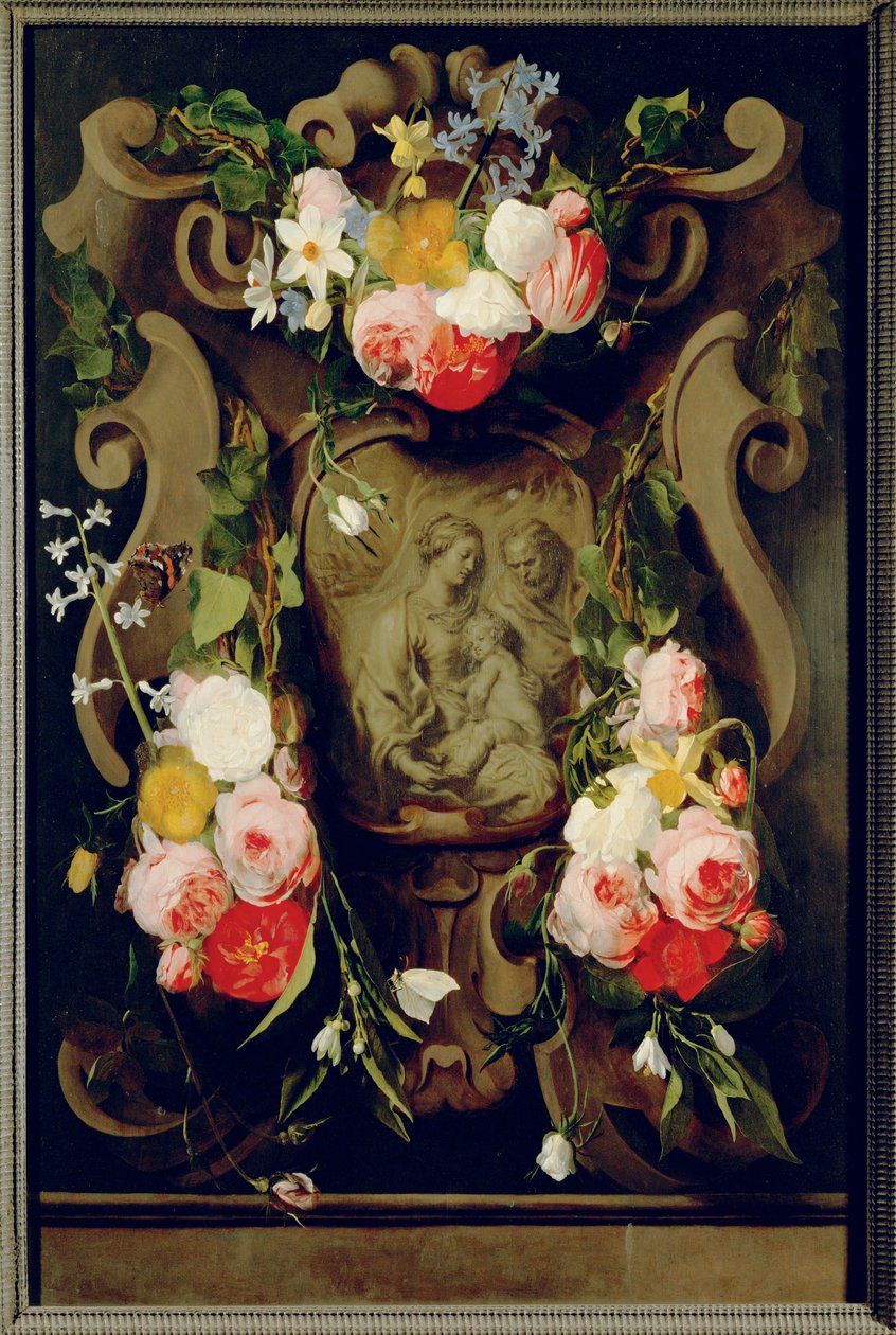 Martwa natura ze Świętą Rodziną (olej na drewnie dębowym) autorstwa Daniel Seghers