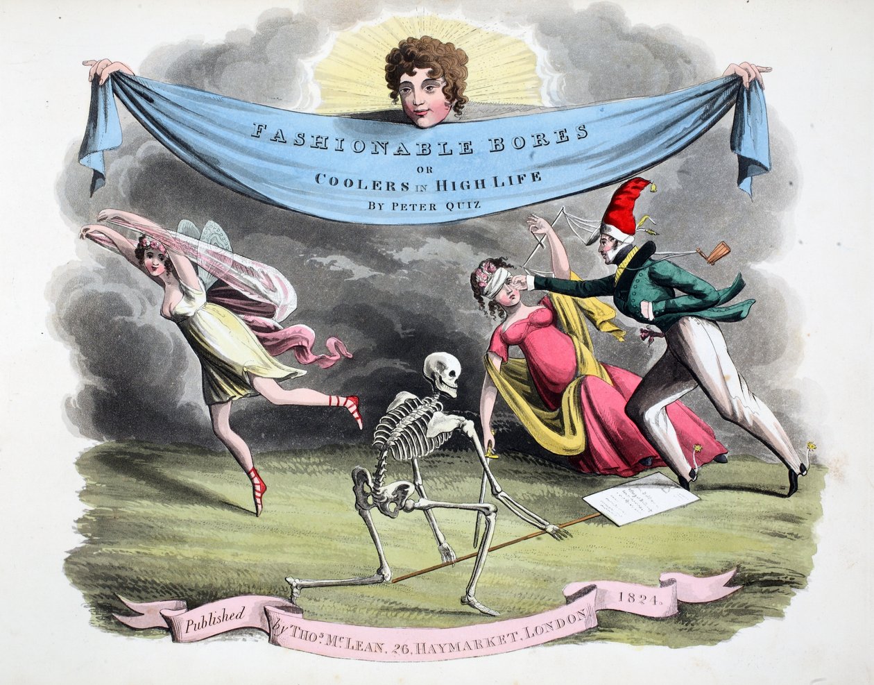 Strona tytułowa książki „Modne świdry lub chłodziarki w luksusowym życiu” autorstwa Petera Quiza, wyd. Thomas McLean, Londyn 1824 (rycina ręcznie kolorowana) autorstwa Daniel Thomas Egerton