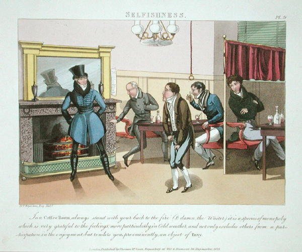 Samolubstwo, tablica 9 z „Niezbędne kwalifikacje człowieka mody”, wydana w 1823 r. (akwatinta ręcznie kolorowana) autorstwa Daniel Thomas Egerton