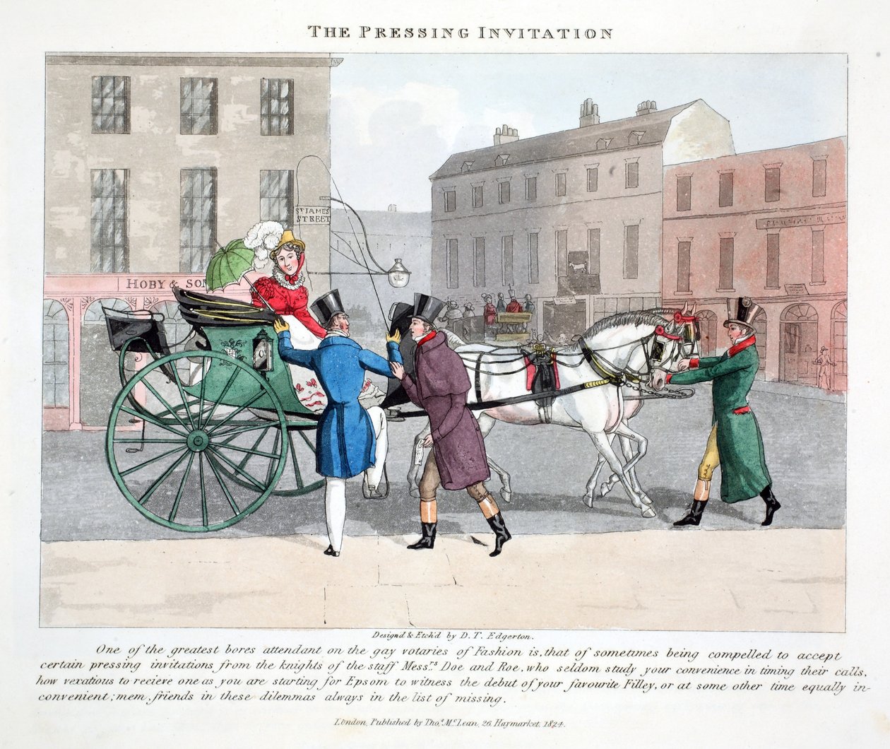 The Pressing Invitation, ilustracja z „Fashionable Bores or Coolers in High Life” Petera Quiza, wyd. Thomas McLean, Londyn 1824 (ręcznie barwiony grawerunek) autorstwa Daniel Thomas Egerton