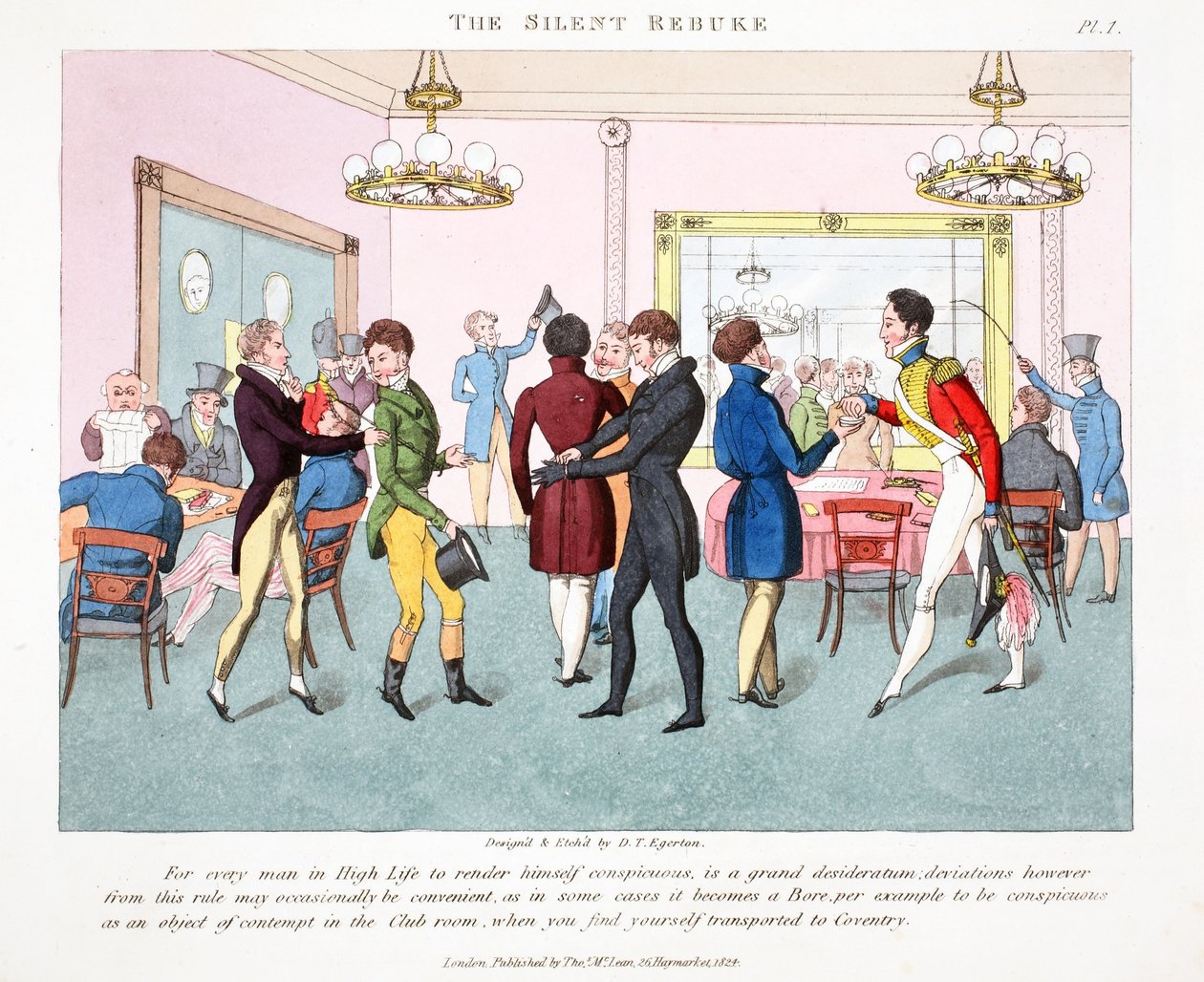 The Silent Rebuke, ilustracja z „Fashionable Bores or Coolers in High Life” Petera Quiza, wyd. Thomas McLean, Londyn 1824 (ręcznie barwiony grawerunek) autorstwa Daniel Thomas Egerton