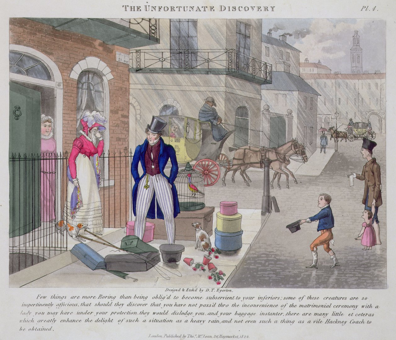 The Unfortunate Discovery, z książki „Fashionable Bores or Coolers in High Life” Petera Quiza, opublikowanej w 1824 r. (akwatinta ręcznie kolorowana) autorstwa Daniel Thomas Egerton