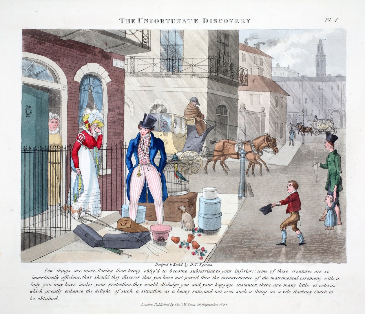 The Unfortunate Discovery, ilustracja z „Fashionable Bores or Coolers in High Life” Petera Quiza, wyd. Thomas McLean, Londyn 1824 (ręcznie barwiony grawerunek) autorstwa Daniel Thomas Egerton
