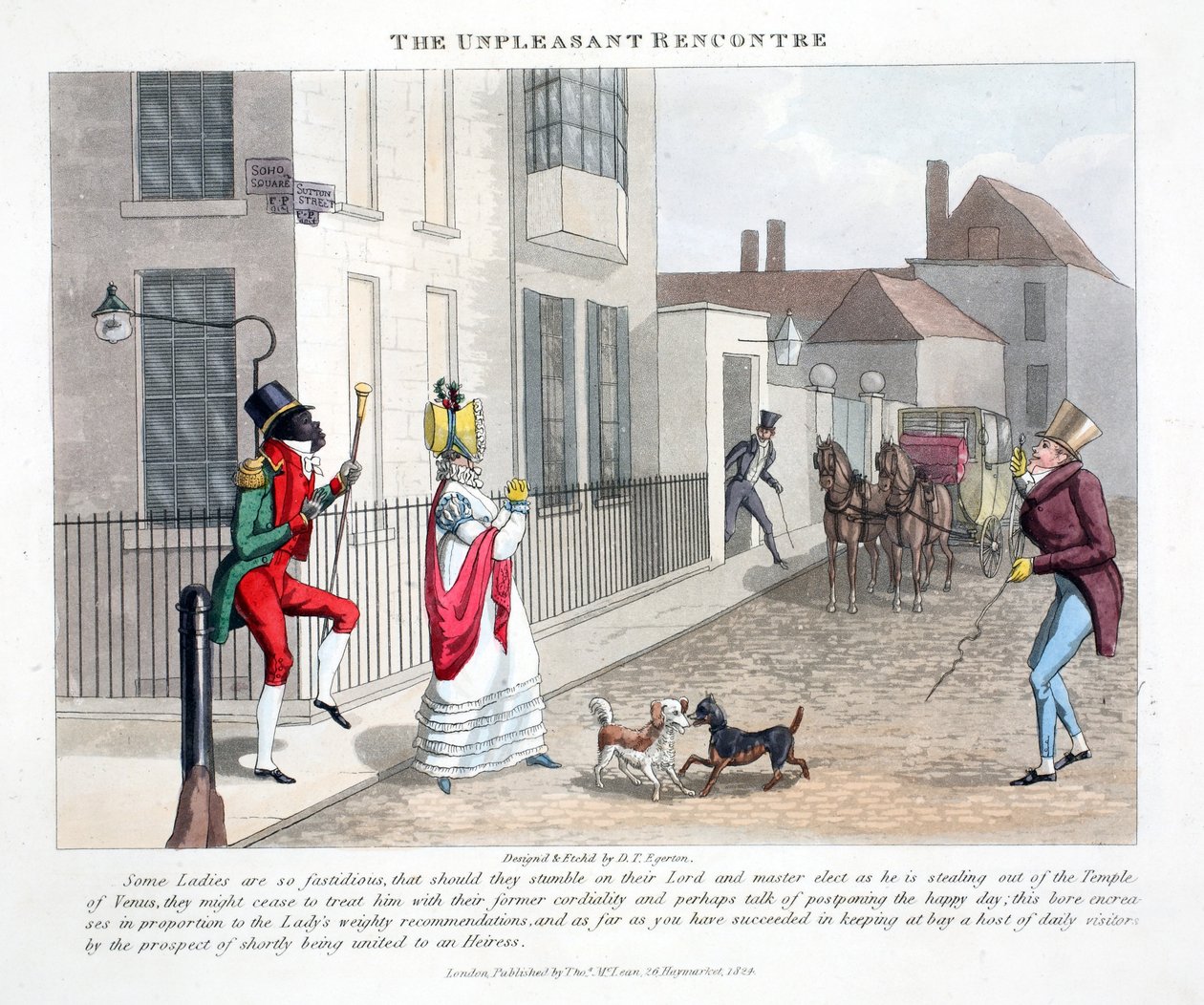 The Unpleasant Rencontre, ilustracja z „Fashionable Bores or Coolers in High Life” Petera Quiza, wyd. Thomas McLean, Londyn 1824 (ręcznie barwiony grawerunek) autorstwa Daniel Thomas Egerton