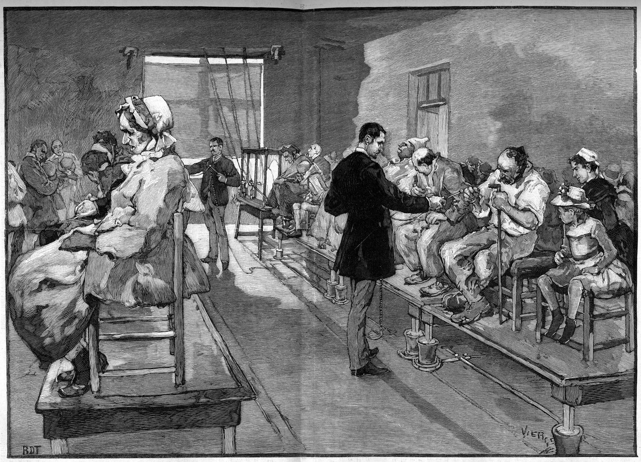 Elektroterapia w Salpetriere, tutaj kąpiele elektryczne i lokalna elektryfikacja w 1887 r. autorstwa Daniel Urrabieta Vierge