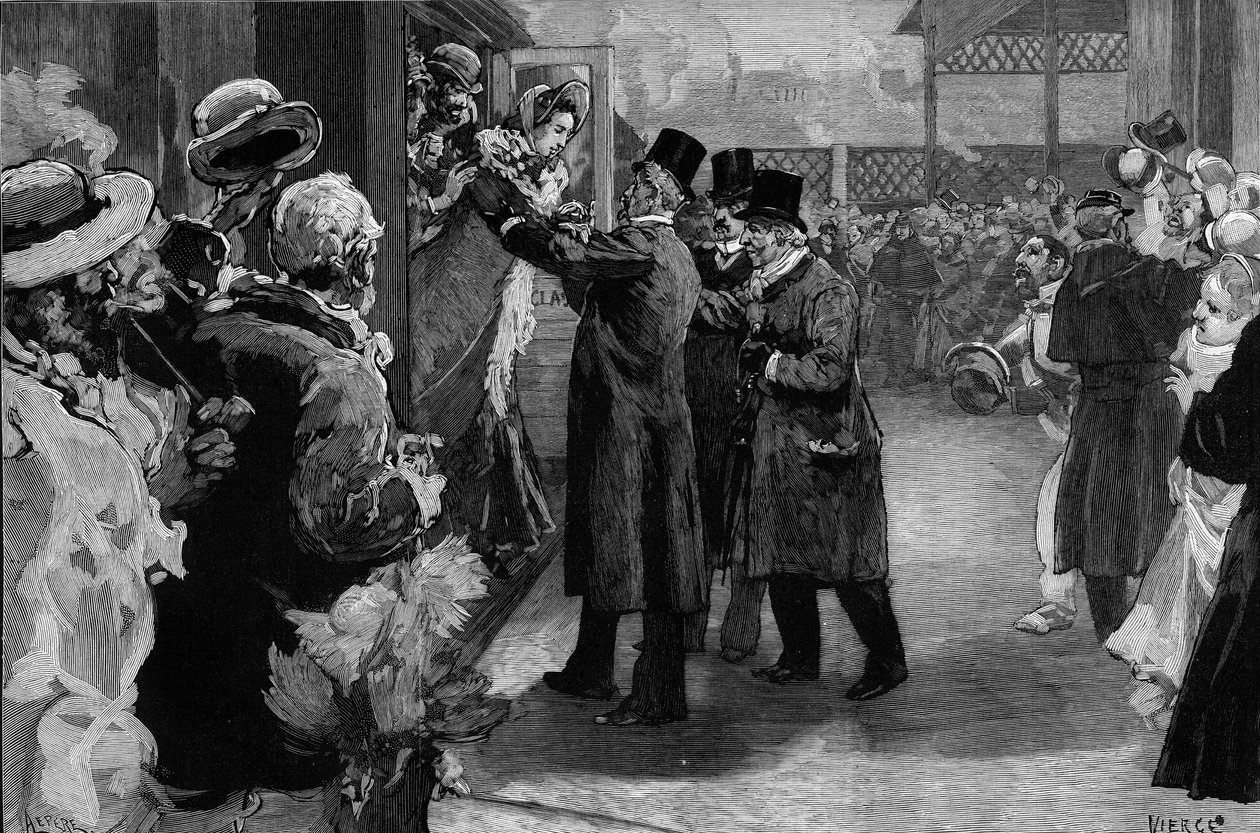 Louise Michel wróciła do Francji (1830-1905) po deportacji za udział w Komunie Paryskiej. Na stacji Saint Lazare (Saint-Lazare) powitali go Henri Rochefort (1831-1913), Louis Blanc (181-1882) i George Clemenceau (1841-1929). autorstwa Daniel Urrabieta Vierge
