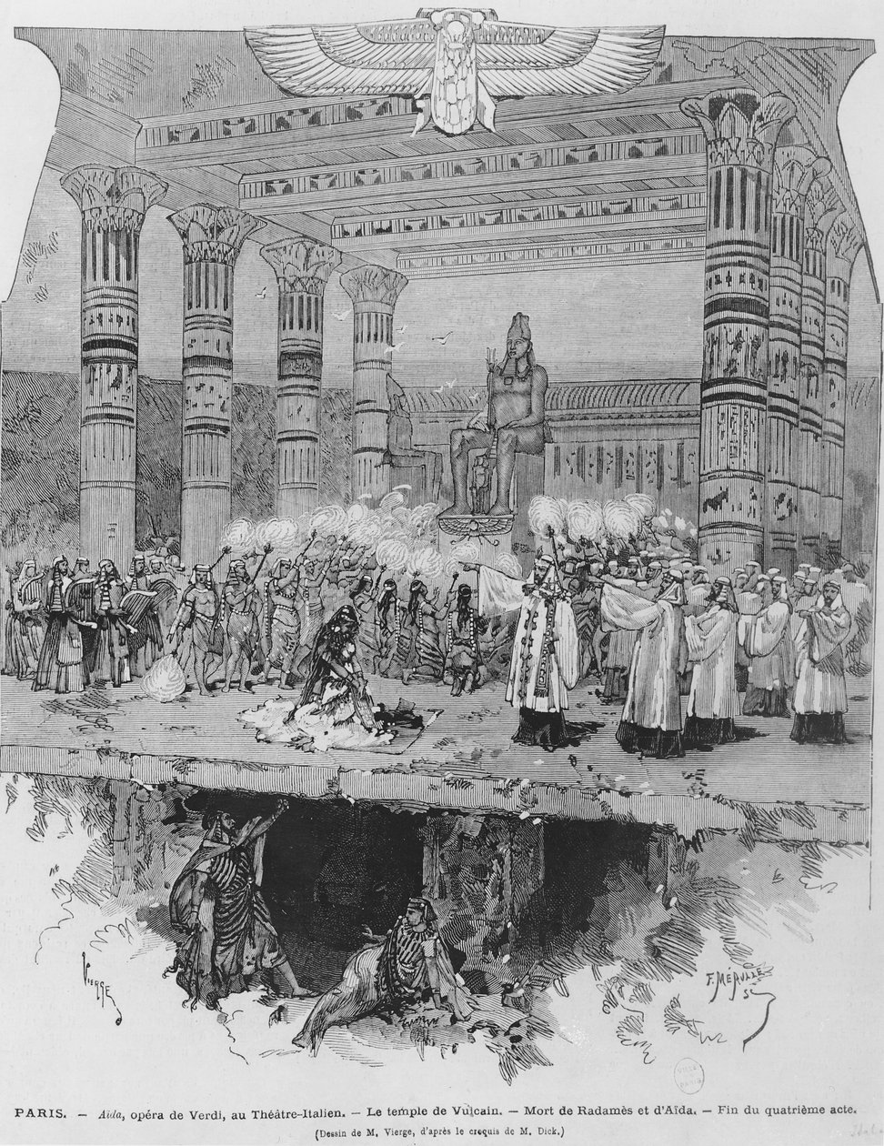 Świątynia Wulkana ze śmiercią Radamesa i Aidy, scena z IV aktu „Aidy” Giuseppe Verdiego (1813-1901) rytowana przez Fortune Louis Meaulle, 1871 autorstwa Daniel Urrabieta Vierge