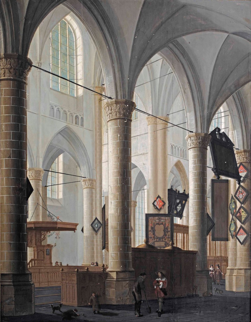 Wnętrze Grote Kerk w Dordrecht, z rozmawiającymi postaciami i bawiącymi się dziećmi autorstwa Daniel de Blieck