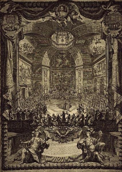 Wielkie Święto J.Ś. Księżniczka Orańska, obchodzona w grudniu 1686 w Salon du Bois w Hadze na cześć urodzin Księcia Orańskiego (rycina) autorstwa Daniel the Elder Marot