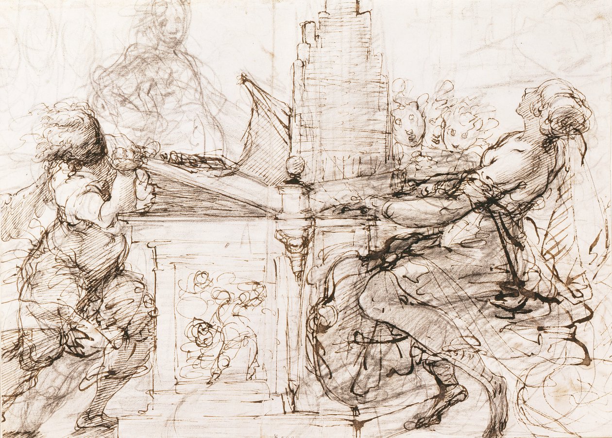 Św. Cecylia Rzymska grająca na organach (Św. Cecylia przy organach) - Praca Daniele Crespi (1598-1630), kreda i akwarela na papierze autorstwa Daniele Crespi