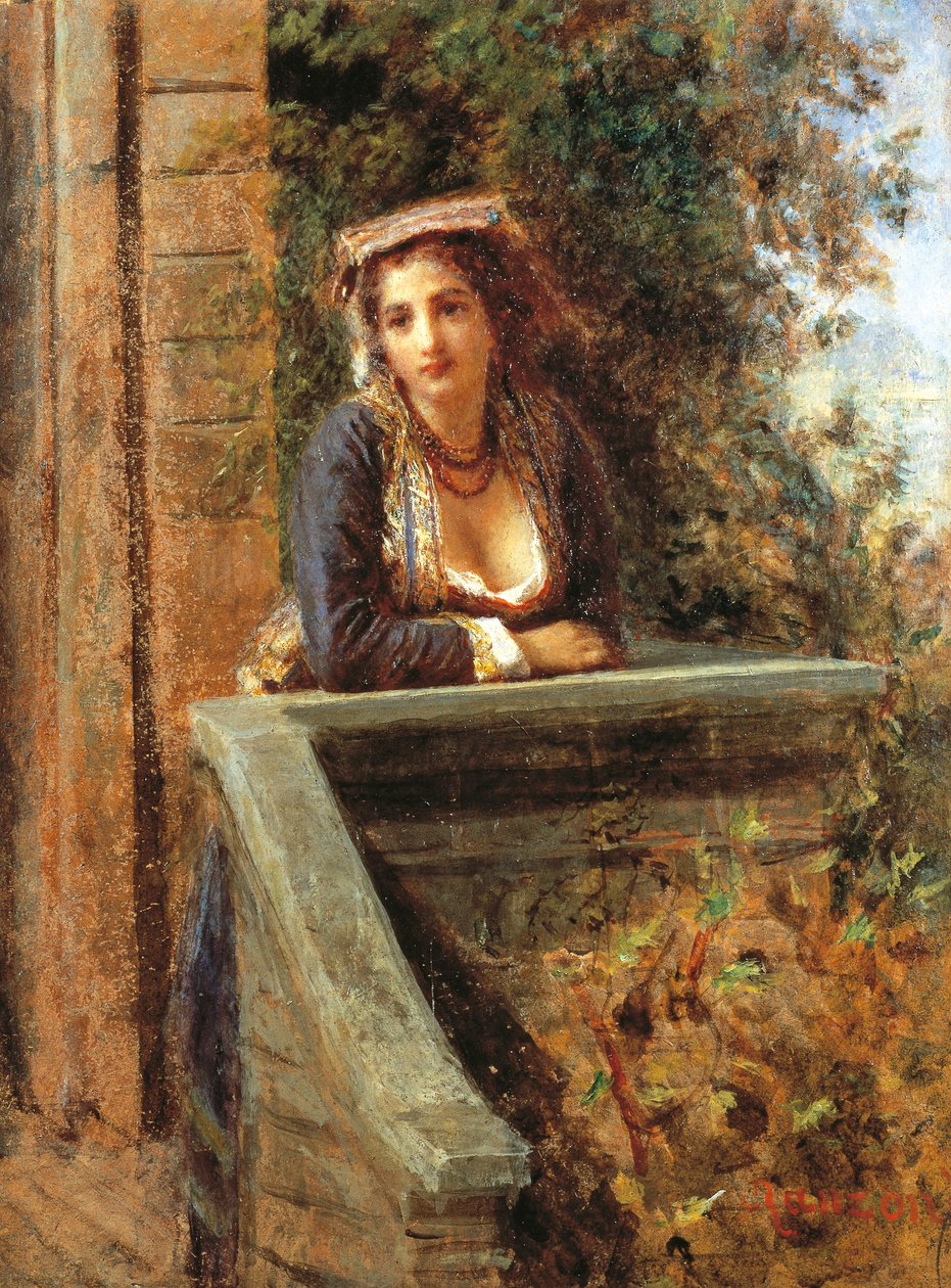 Młoda dziewczyna przy oknie lub młoda kobieta na balkonie, Daniele Ranzoni (1843-1889), olej na papierze oprawiony na drewnie, 44x33 cm autorstwa Danielle Ranzoni