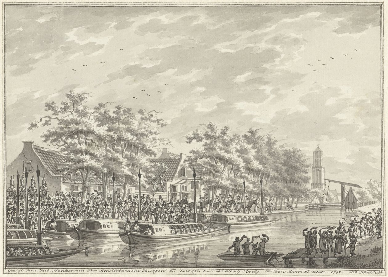 Przybycie Amsterdamczyków do Utrechtu, 1787 Widok Przybycia Obywateli Amsterdamu W Utregt W De Rooy Brug. Po Den Dom do zobaczenia. 1787. (tytuł na obiekcie) autorstwa Daniël Kerkhoff