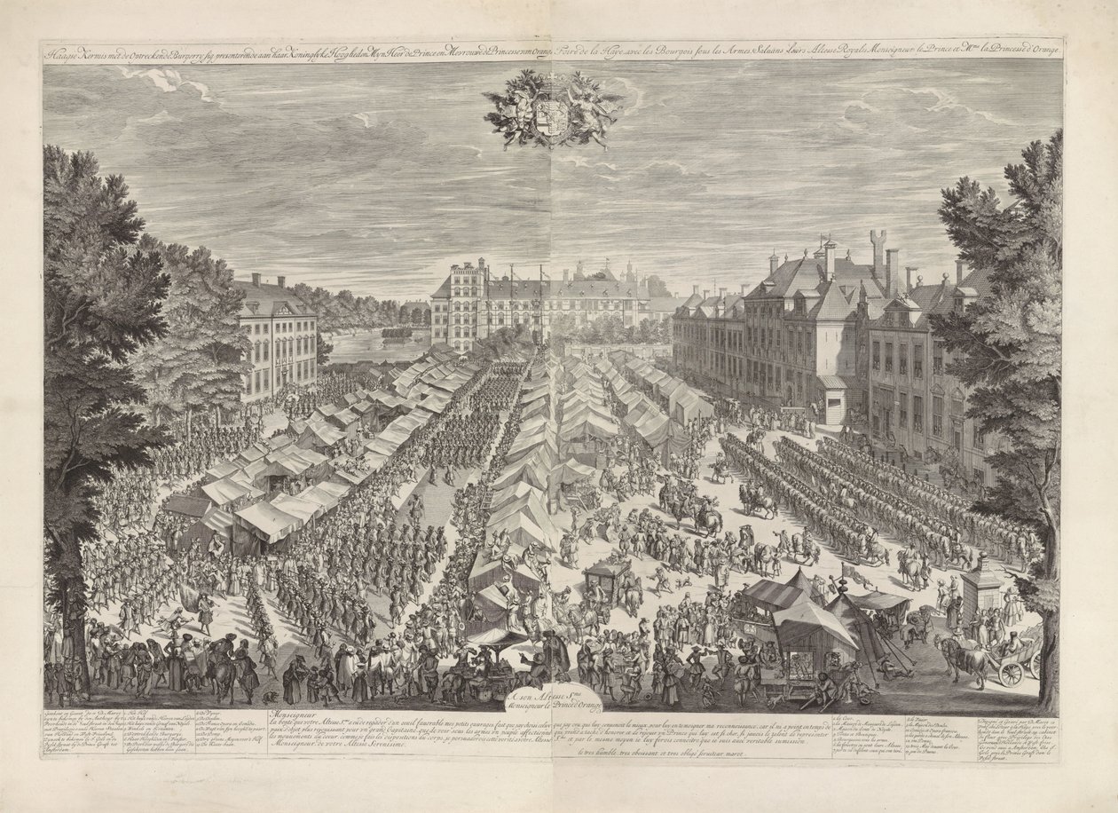 Targi Haskie z księciem i księżniczką Orange, 1686 Targi w Hadze z wschodzącym znakiem burgerowym przedstawiającym Jej Królewskie Wysokości mojego pana księcia i panią księżniczkę Orange / Foire de la Haye, avec les bourgois sous les armes, sa autorstwa Daniël Marot (I)