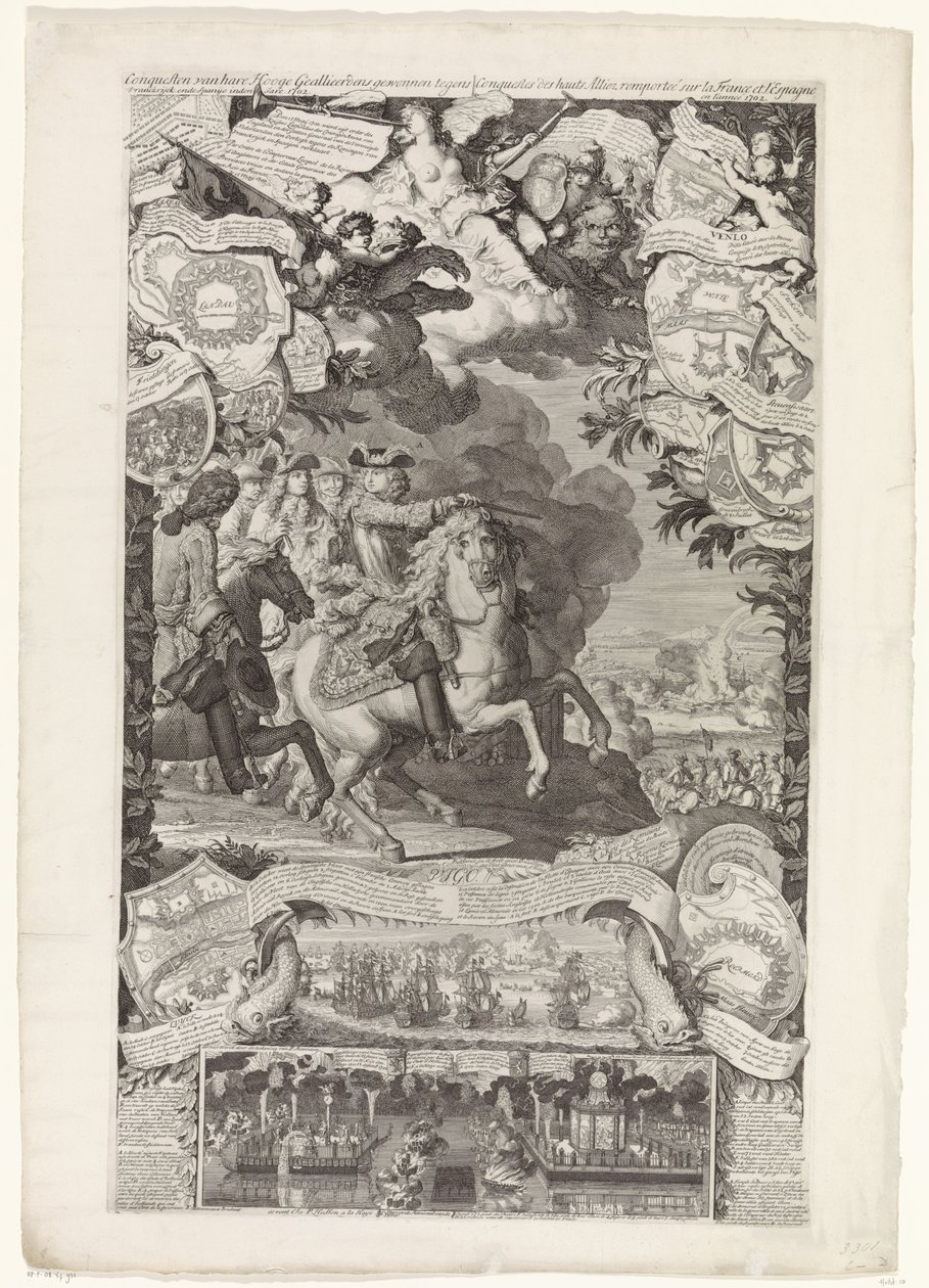Zwycięstwo aliantów nad Francuzami i Hiszpanami, 1702 Podboje jej wysokich aliantów wygrane z Vranckrijck i Hiszpanią w roku 1702 / Conquestes des hauts Alliez remportée sur la France et L