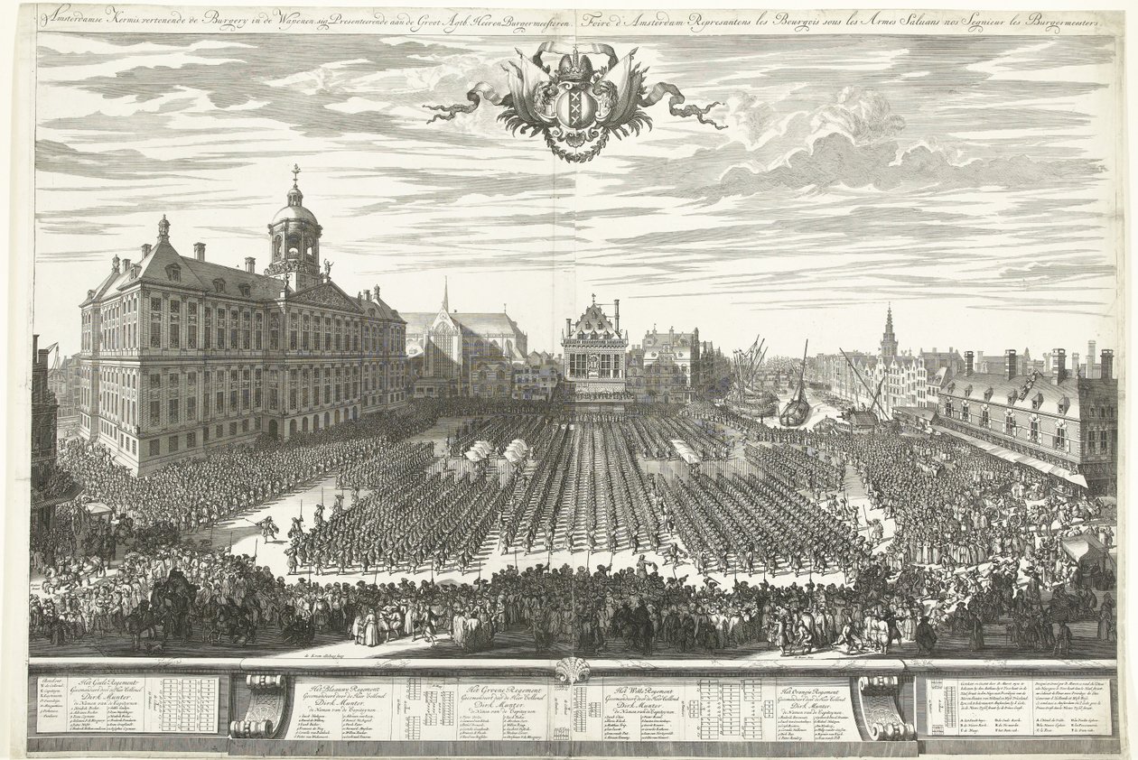 Uzbrojeni bandyci na placu Dam podczas targów w Amsterdamie, 1686 Targi Amsterdamskie przedstawiające Burgery in the Weapons, sig Przedstawienie aaen de Groot Agtb: Heeren Burgermeesteren (tytuł na obiekcie) Foire d
