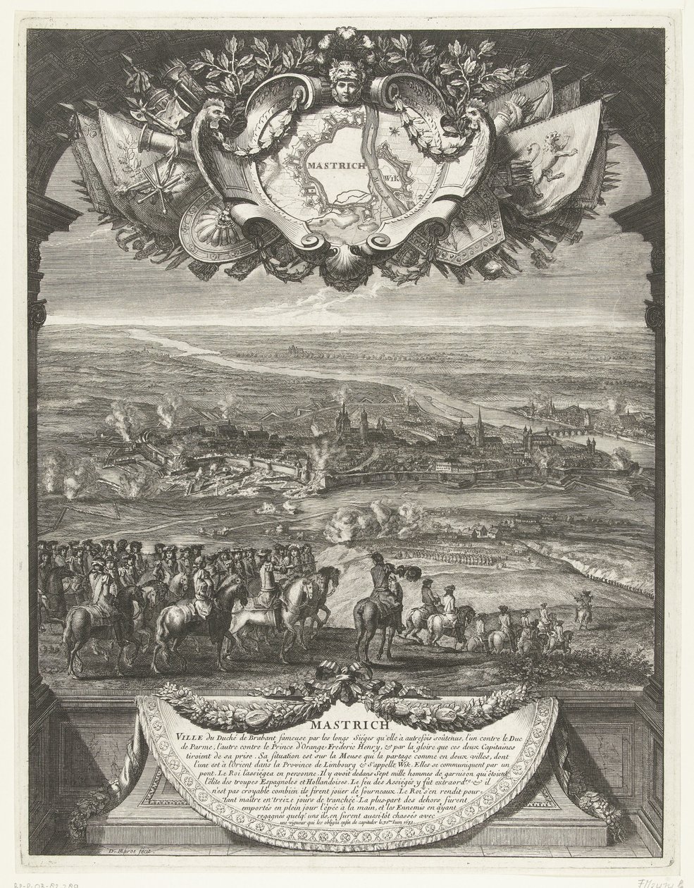 Podbój Maastricht przez Francuzów 30 czerwca 1673 r. Mastrich (tytuł na obiekcie) Grandes Conquêtes du Roi (tytuł serii) autorstwa Daniël Marot (I)