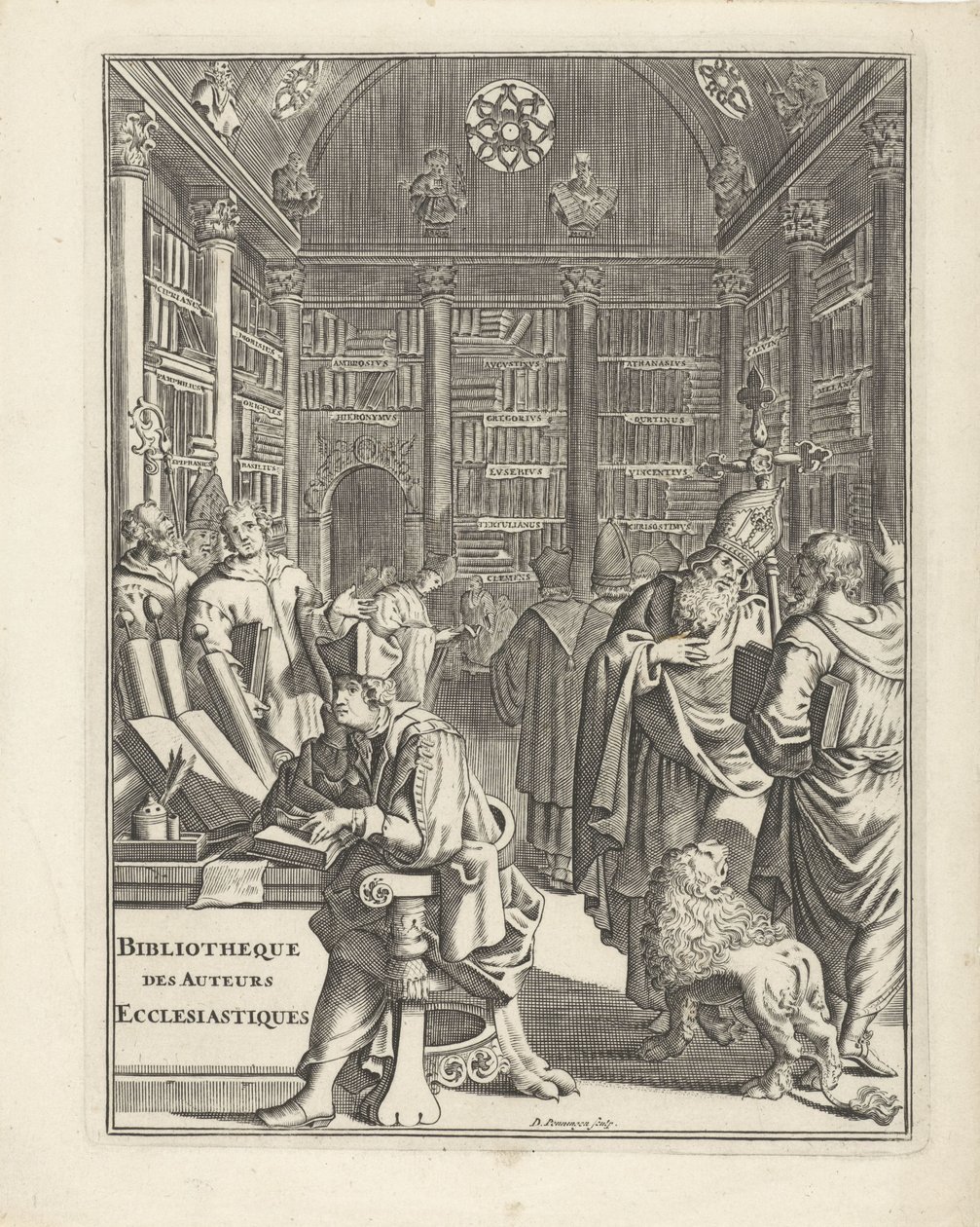 Wnętrze Biblioteki z duchowieństwem Strona tytułowa dla: Bibliotheque des Authors Ecclesiastiques, bez roku autorstwa Daniël met de Penningen