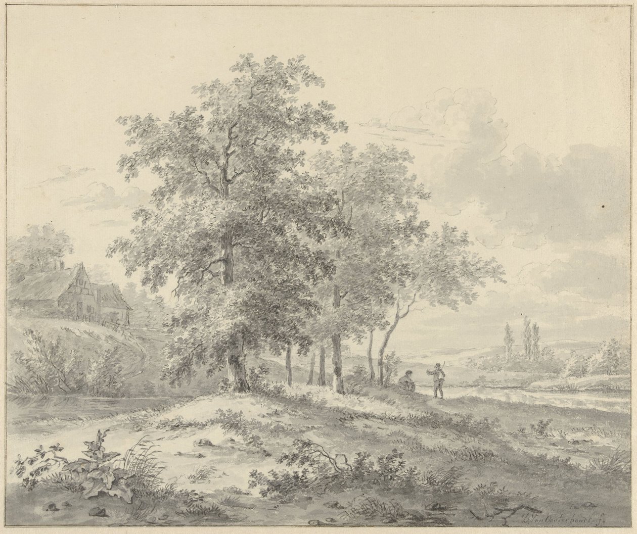 Krajobraz z dwiema postaciami pod drzewami autorstwa Daniël van Oosterhoudt (possibly)