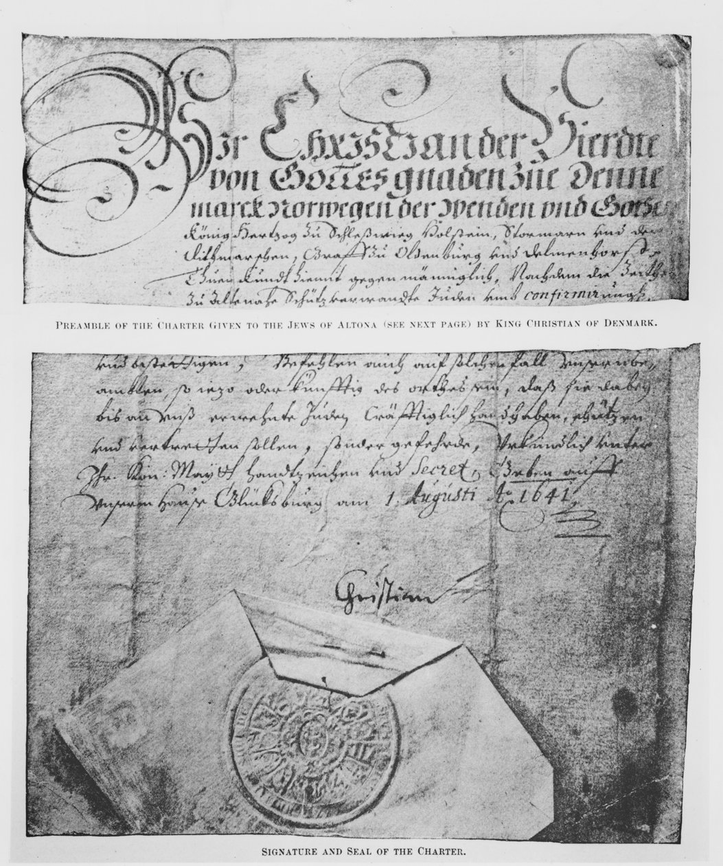 Preambuła, podpis i pieczęć Karty nadanej Żydom z Altony przez króla Danii Chrystiana (pióro i tusz na papierze i wosku) autorstwa Danish School