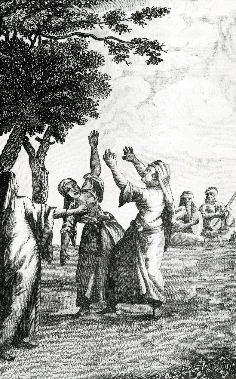 Tańczące dziewczyny w Egipcie, zaczerpnięte z Podróży Niebuhrsa przez Arabię i inne kraje Wschodu, 1792 autorstwa Danish School