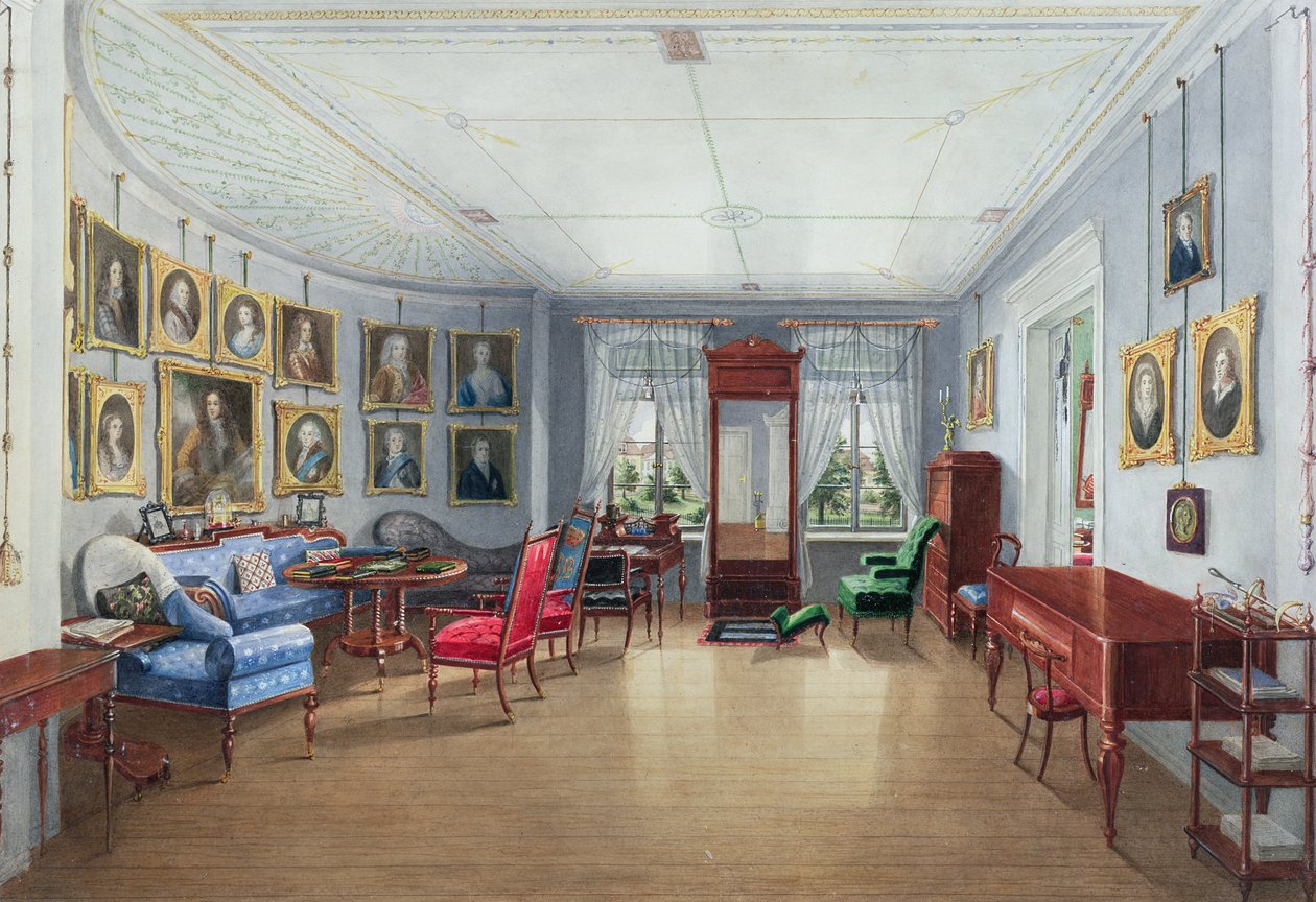 Wnętrze galerii obrazów salonu, ok. 1835 (wc z gwaszem na papierze) autorstwa Danish School
