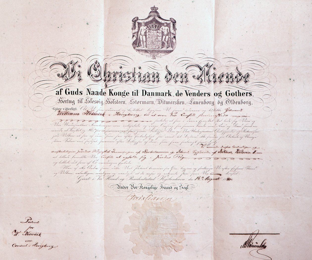 Patent podpisany przez Christiana IX z Danii mianujący Williama Keswicka konsulem duńskim w Hongkongu, Chiny, 1880 autorstwa Danish School