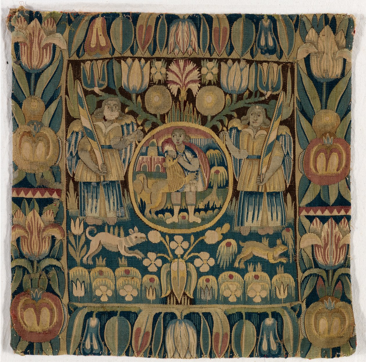 Gobelinowa poszewka na poduszkę przedstawiającą Samsona zabijającego lwa, wykonana w Szlezwiku-Holsztynie w Danii, ok. 1615 r. (wełna) autorstwa Danish School