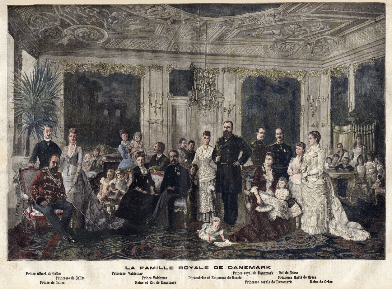 Rodzina królewska Danii (kolorowy grawerunek) autorstwa Danish School
