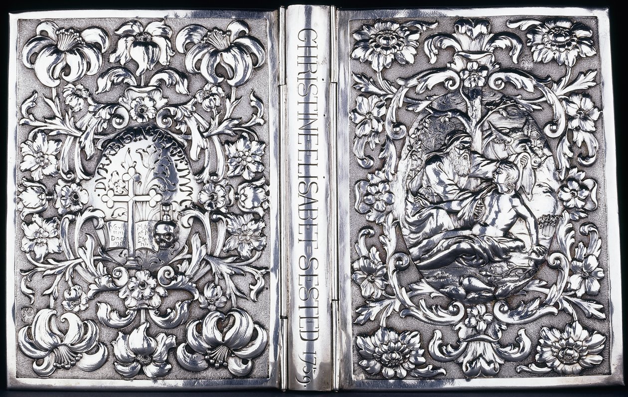 Górna i dolna okładka książki z listowiem i wizerunkiem Miłosiernego Samarytanina, 1740 autorstwa Danish School