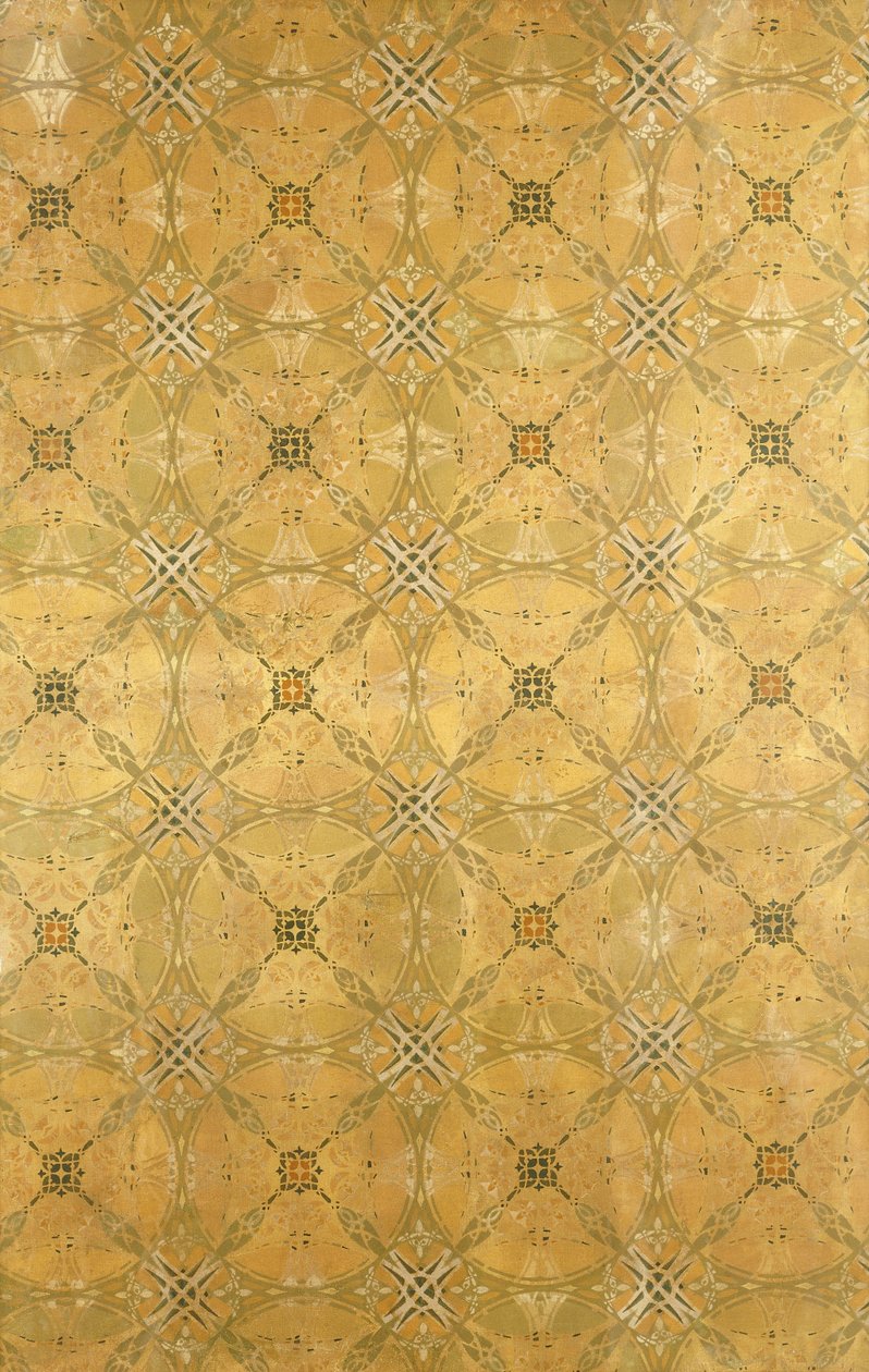 Panel sufitowy z powtarzającym się abstrakcyjnym wzorem liści w kolorze oliwkowej zieleni, ochry, czerwieni i żółci, ok. 1893 autorstwa Dankmar Adler