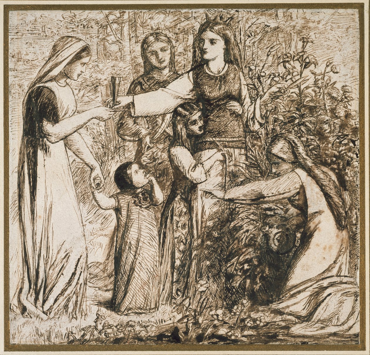 Wizja Dantego z Matyldą zbierającą kwiaty, 1855 (pióro i brązowy tusz na białym papierze) autorstwa Dante Gabriel Charles Rossetti