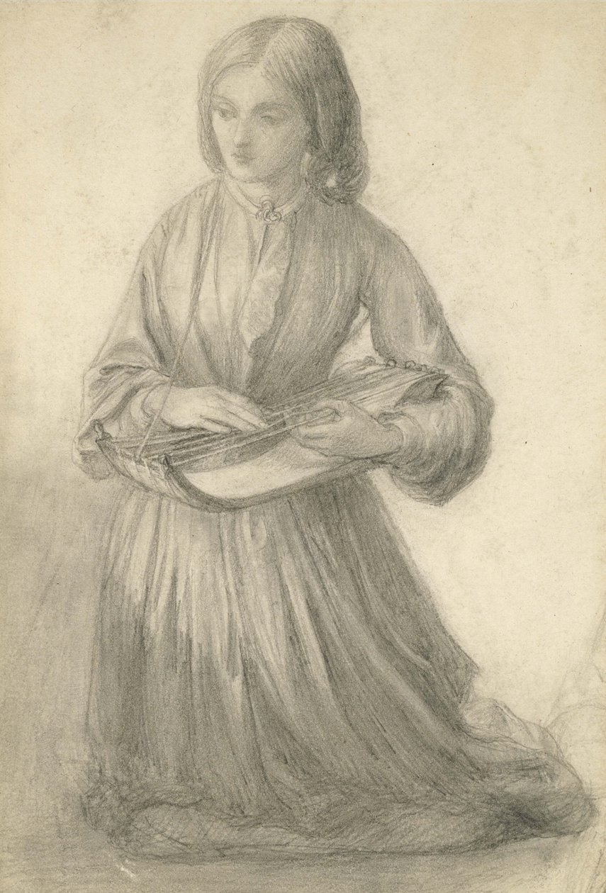 Elizabeth Siddal grająca na instrumencie strunowym, ok. 1852 (grafit na białym papierze) autorstwa Dante Gabriel Charles Rossetti