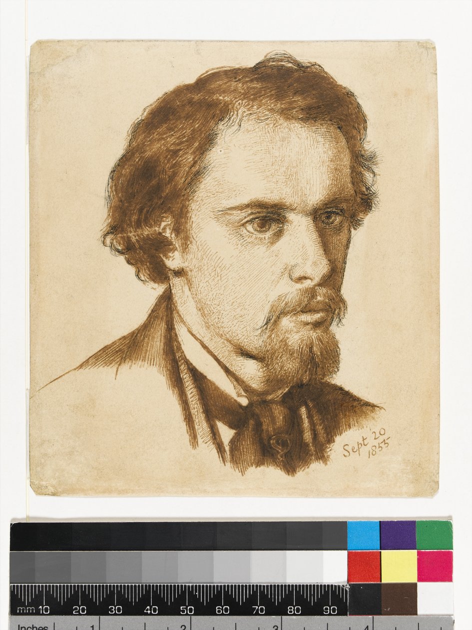 Autoportret, 1855 (pióro, tusz indyjski i brązowy tusz na papierze) autorstwa Dante Gabriel Charles Rossetti