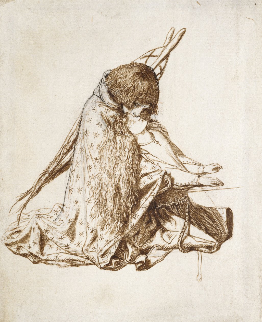 St Cecilia (pióro i brązowy tusz na przebarwionym białym papierze) autorstwa Dante Gabriel Charles Rossetti