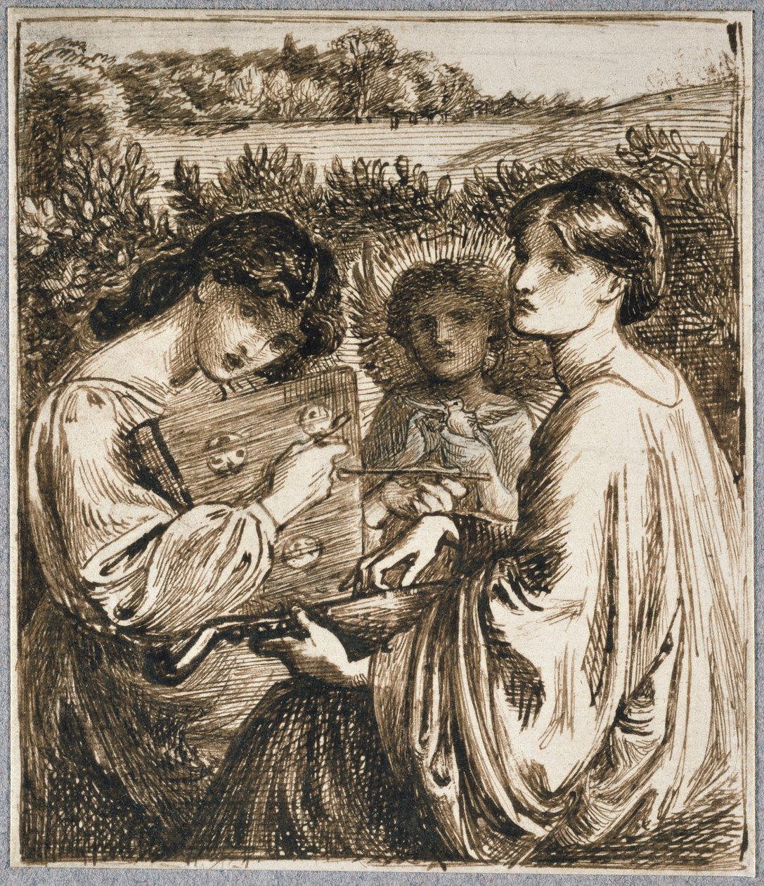 Studium do „The Bower Meadow”, XIX w. (długopis i brązowy tusz na papierze) autorstwa Dante Gabriel Charles Rossetti