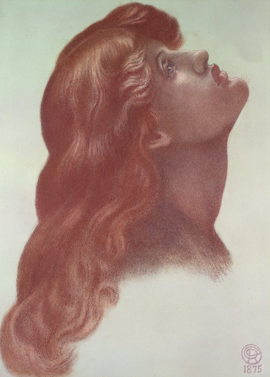 Studium do głowy postaci po lewej stronie z „Astarte Syriaca”, 1875 (kolorowe kredy na papierze) autorstwa Dante Gabriel Charles Rossetti